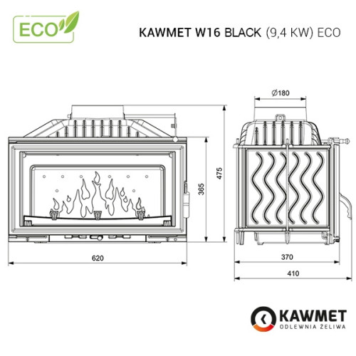 Камінна топка KAWMET W16 Black (9.4 kW) EСO